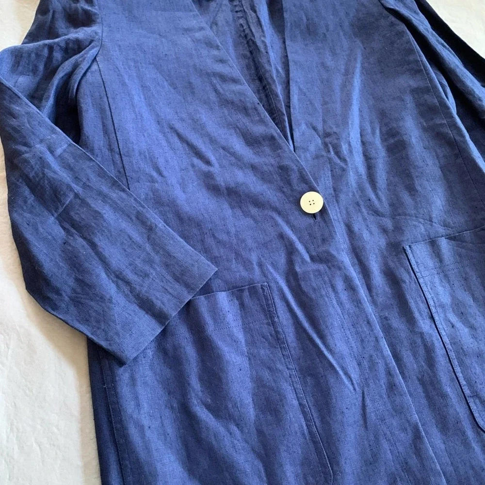 Vintage Christian Dior Blue Linen Long Blazer Jacket 12 lagenlook patch pockets